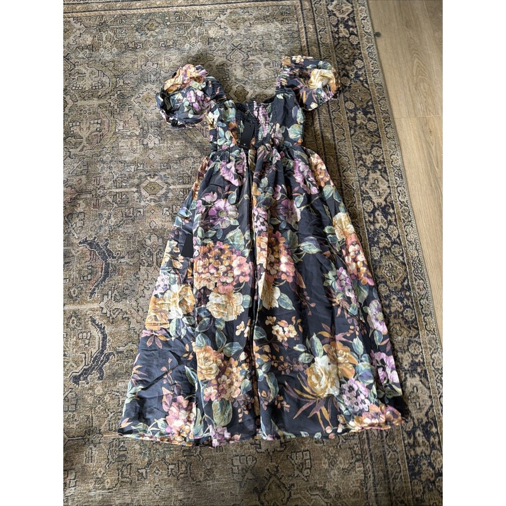 Lulu’s Adorable Tendencies Dark Grey Floral Puff Sleeve Midi Dress Small NWT - Picture 6 of 7